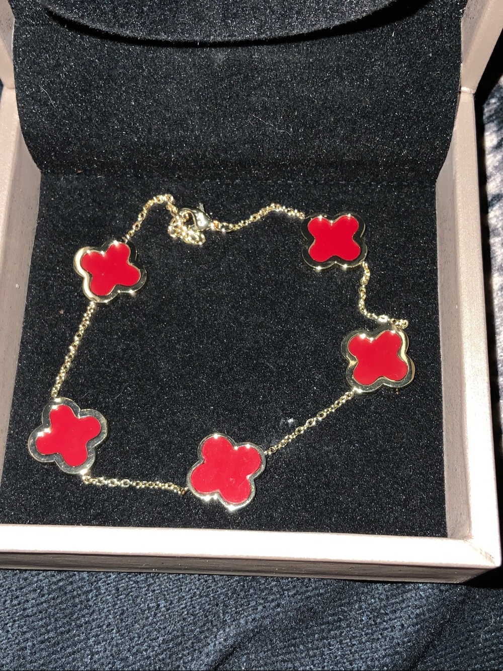 Gold Chain Bracelet with Red Clover Motifs